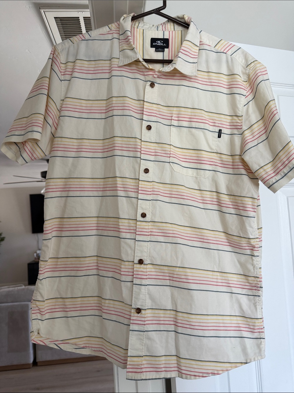 O'Neill Cream Short Sleeve Button-Up Shirt with Multicolor Stripes
